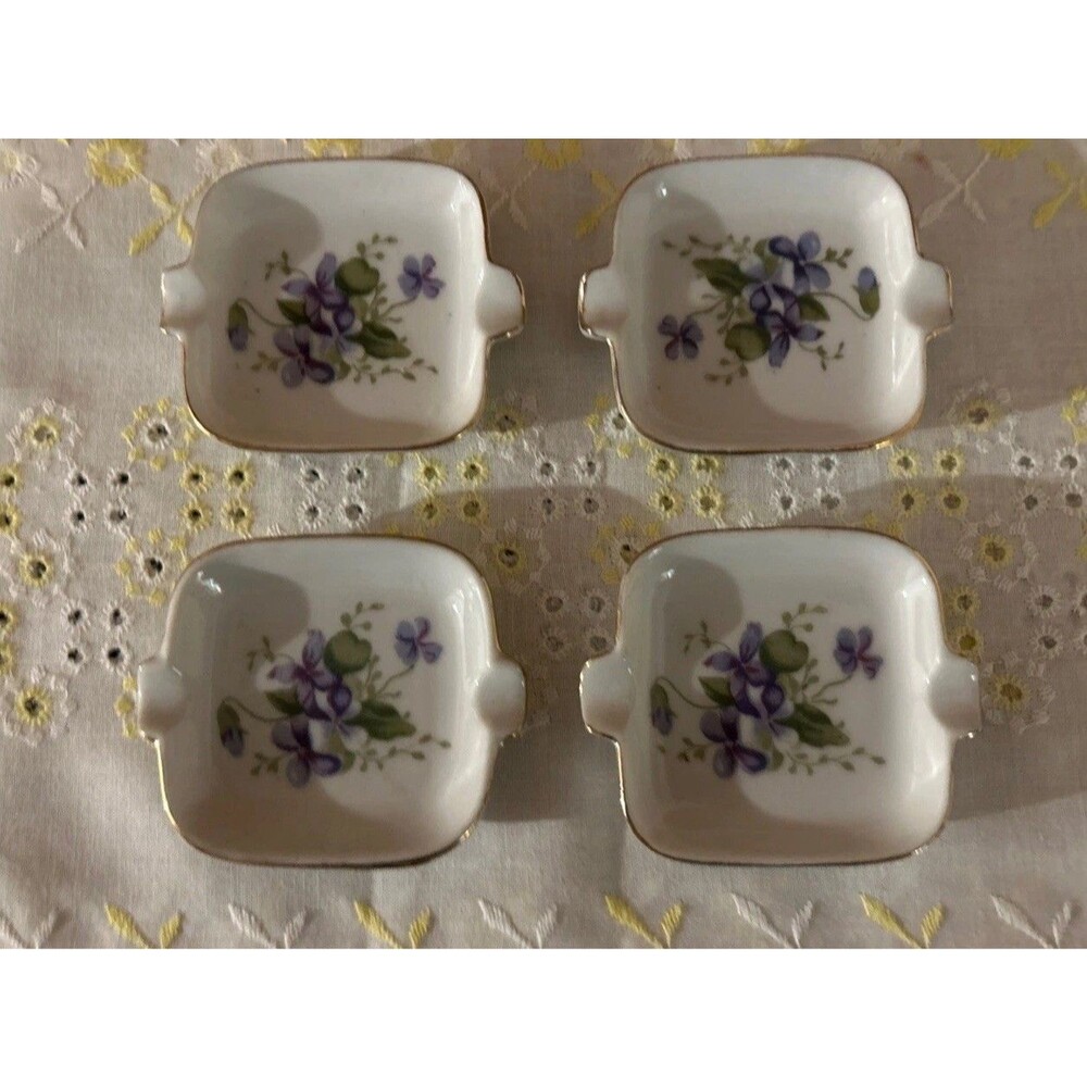 Vtg Porcelain Purple Violet Trinket Dishes Japan Mini Ashtray Gold Trim Set of 4